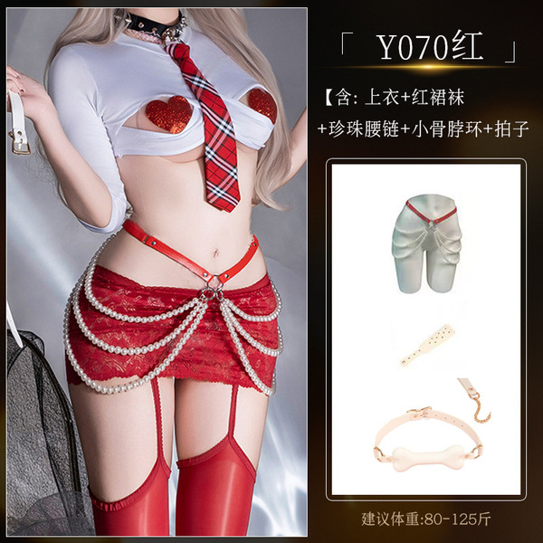 Lace Bodysuit with Sheer Stockings - Sexy Oil-Shine Uniform Set, Open-Crotch Design, Plus Size & Silky Smooth - Y070 White and Red Set [+4039 Pearl Waist Chain + 8115 White Bone Necklace + Paddle]