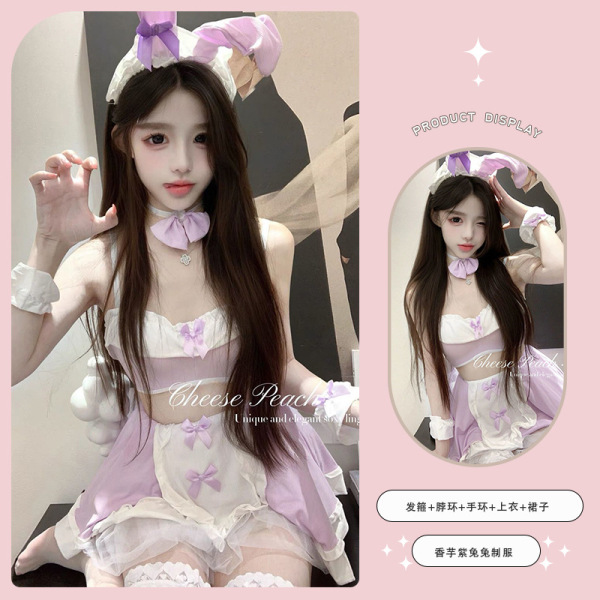 Pure & Playful Bunny Girl Lingerie Set – Sexy Cute Sleepwear Outfit for Women, Seductive Costume Style - Taro Purple Set [Headwear + Top + Skirt + Bracelet + Neckband + T-shirt]