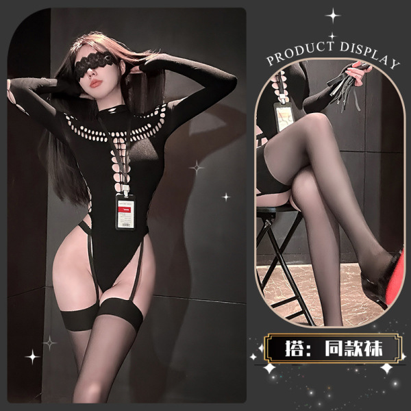Golden Night Seductive Knit Bodysuit - Sheer Mesh Lingerie for Tempting Pure-Yu Allure - Smoky Twilight Weaving ~ + Matching socks + Eye mask + Black whip