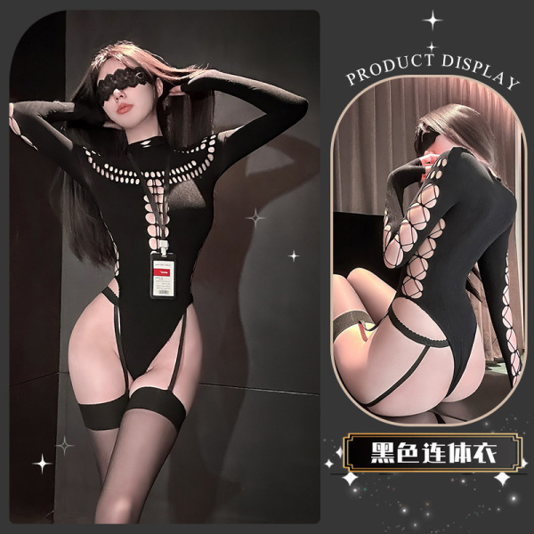 Golden Night Seductive Knit Bodysuit - Sheer Mesh Lingerie for Tempting Pure-Yu Allure - Smoky Twilight Weaving ~ + Black Stockings