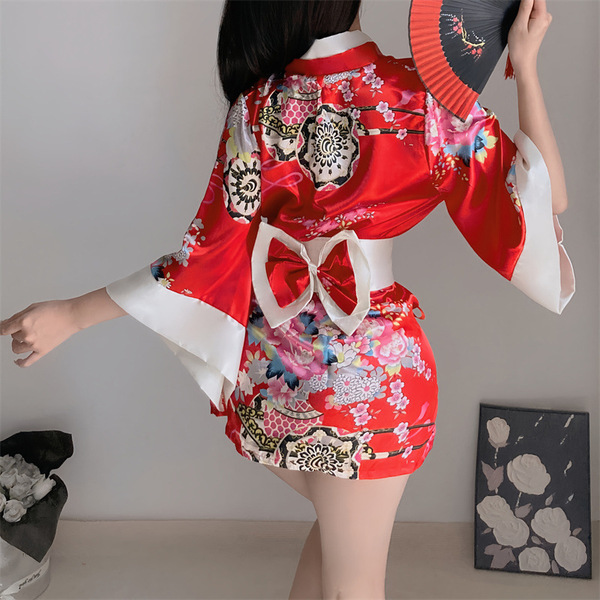 Elegant red yasamii kimono with floral patterns, perfect for cosplay and role play. features a bow tie and flowing sleeves.