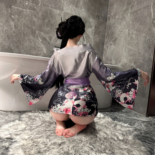 A woman wears a yasisei cosplay lingerie set featuring an anime fox dream kimono robe with open-front waist cincher, japanese...