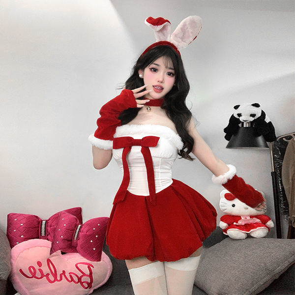 Sexy new year outfit featuring a red velvet bunny costume with bunny ears, bow tie, and gloves, perfect for festive celebrati...