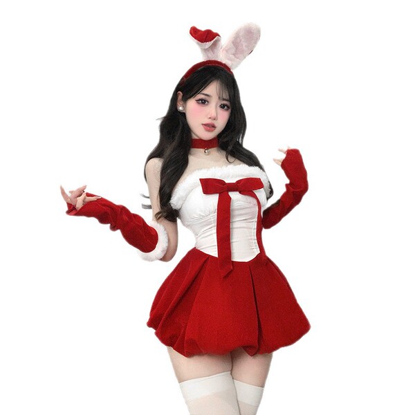 Sexy red velvet bunny costume with festive design, perfect for holiday outfits.