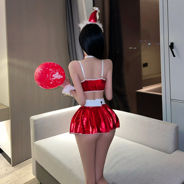Sexy santa-themed lingerie set with red balloon, perfect naughty holiday outfit