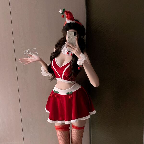 Sexy cherry-themed lingerie set with open-crotch design, perfect for holiday costumes and live streaming outfits.