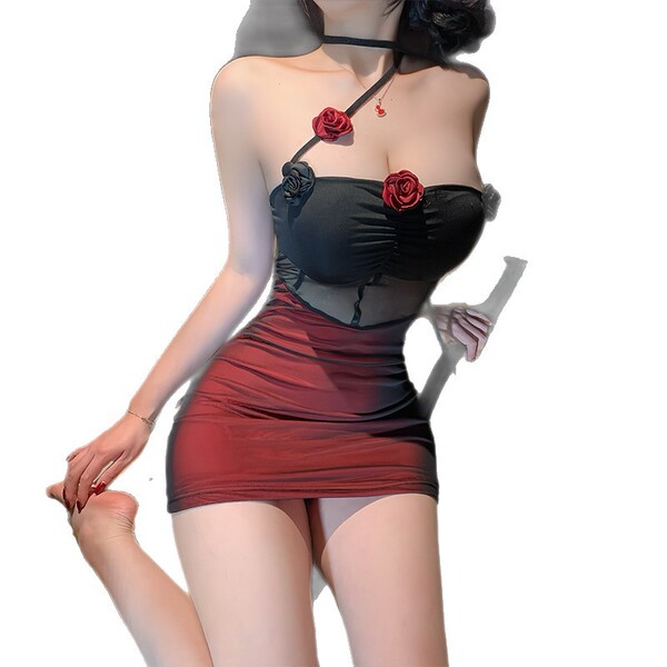 Seductive sheer lace sleep dress featuring rose accents, bodycon fit, perfect for a glamorous night.