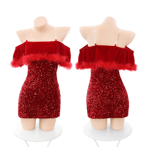 New year off-shoulder cutout sequin dress - sexy lingerie set & seductive costume outfit featuring vibrant red sequins and fe...