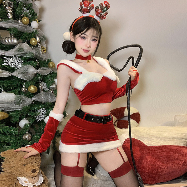 Sexy busty cosplay costume, new year party outfit - tight bodycon mini skirt with reindeer antlers and velvet gloves for nigh...