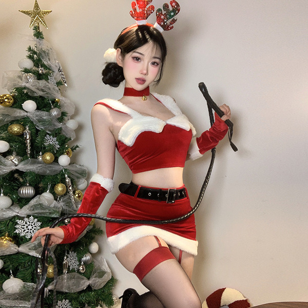 Sexy busty cosplay costume, new year party outfit - tight bodycon mini skirt with red velvet top and santa hat accessory for ...