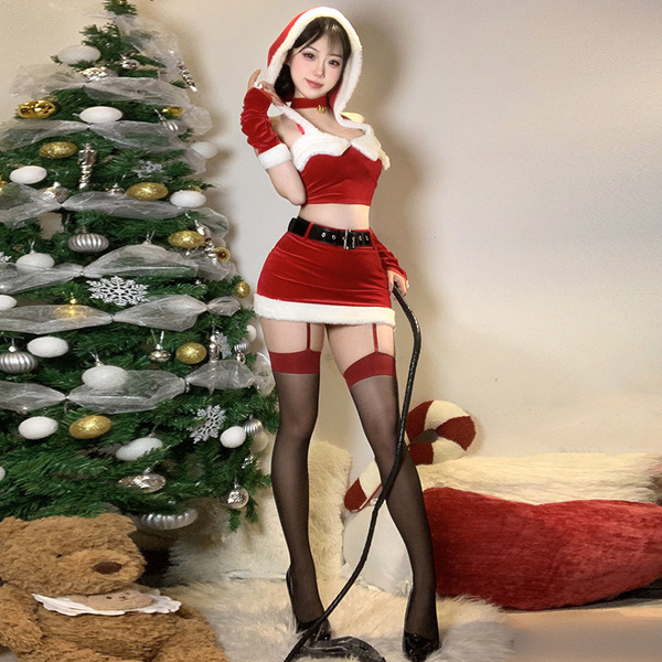 Sexy busty cosplay costume, new year party outfit - tight bodycon mini skirt with santa hat for nightclub & nye events