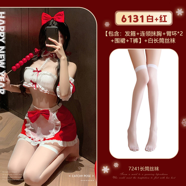 Feimu Warm Bed Maid Costume Set - Sexy Busty Uniform with Thong & Tube Top, New Year Lingerie Outfit - ◆Enjoy New Year's Eve◆ White + Red [Headband + Neckline Bandeau + Armbands*2 + Apron + T-shirt] + White Stockings
