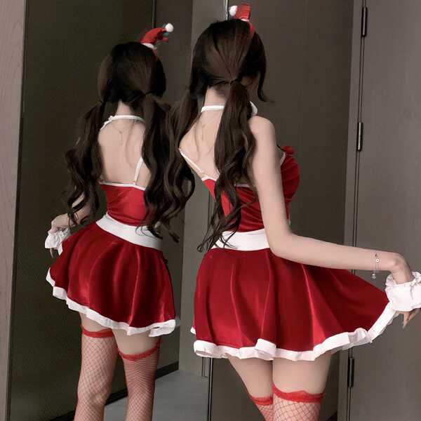 Sexy cherry-themed lingerie set with split design, perfect for live streamers. red and white colors add a festive touch.