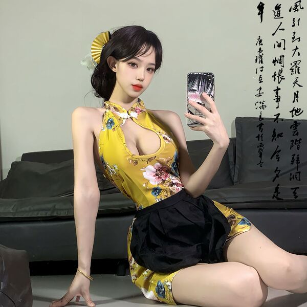 Soft Silk-Look Chinese Qipao Lingerie Set - Elegant & Sensual Traditional-Inspired Nightwear - Yellow and white apron