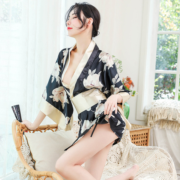 Japanese Kimono-Style Seductive Lace Robe Set for Role Play & Intimate Nights - yellow flower