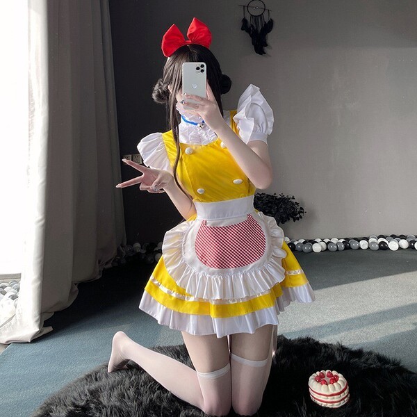 Adult Women's Cosplay Maid Dress - Cute Student Party Costume & Lolita Style Performance Dress - Yellow maid dress + apron + free headpiece + free bell necklace