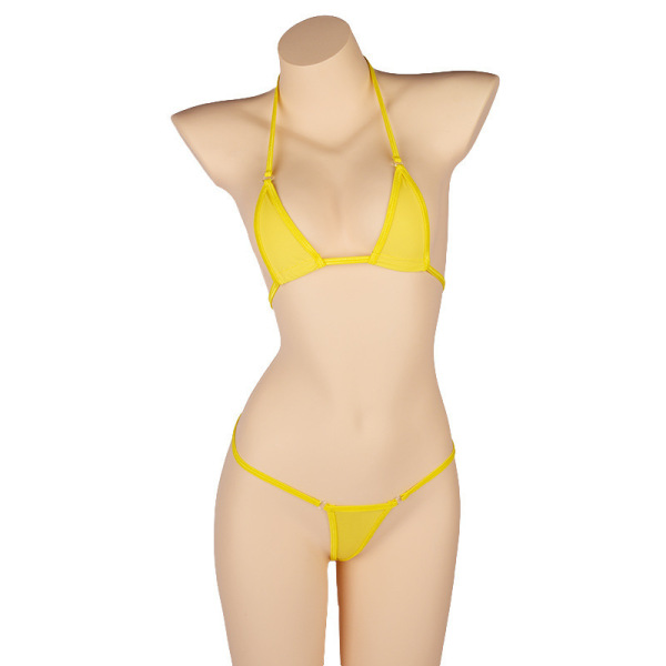 Sexy Lace Bondage Lingerie Set for Women – Ice Silk Sheer Bikini Bra & Panty Outfit - yellow..