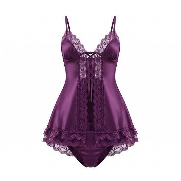 Sexy purple lace-trimmed hollow-out cami sleep dress with matching robe, perfect for womens lingerie sets.