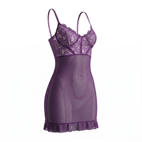 Purple sheer mesh bodycon slip dress with lace bodice, adjustable straps, and ruffled hem.