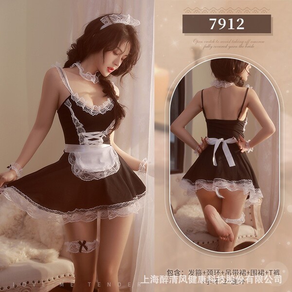 Adorable Cute Maid Costume Lingerie Set - Sexy Low-Cut Plus Size French Maid Outfit for Women, Playful & Alluring - ◆Night Breeze◆ Black [Headband + Necklace + Dress + Apron + T-shirt + Bracelet*2 + Leg Ring] + Black Stockings