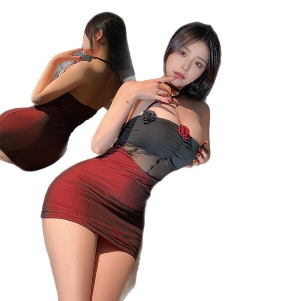 Sheer red sleep dress with floral accents, featuring padded straps and bodycon fit for a seductive look.