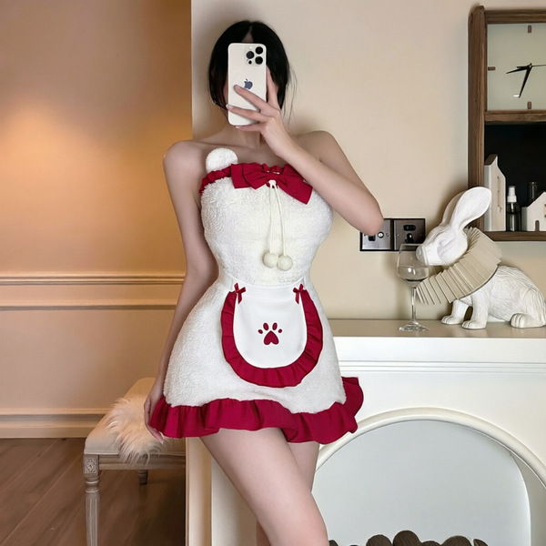 A person wearing a yimenglan sexy christmas party dress - bunny girl costume set for new year eve, featuring a fluffy white d...