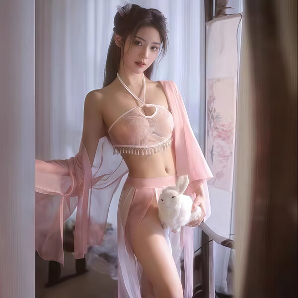 Sexy Small-Bust Chinese Style Lingerie Set - Hanfu-Inspired Sleepwear with Open-Crotch Design for Intimate Moments - Yingying