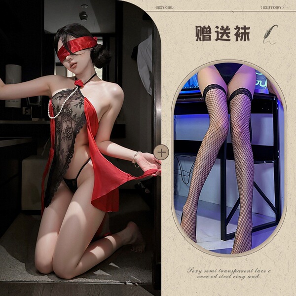 Y Sexy Lingerie Night Rose Tie-up Dress Lace Sexy Flirting Revealing Chest Set Maid Outfit - Eternal Night Rose + Red and Black Eye Patch + Black Fishnet Stockings
