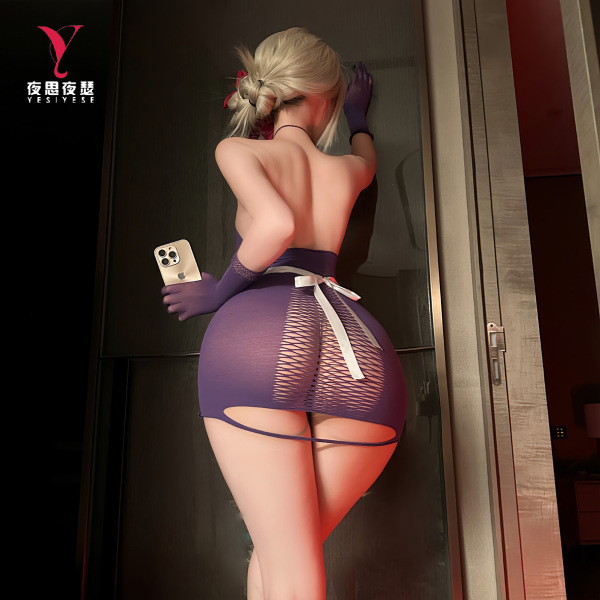 Woman in yisiyesi purple lace bodysuit with maid-style bow, holding phone by glass door.