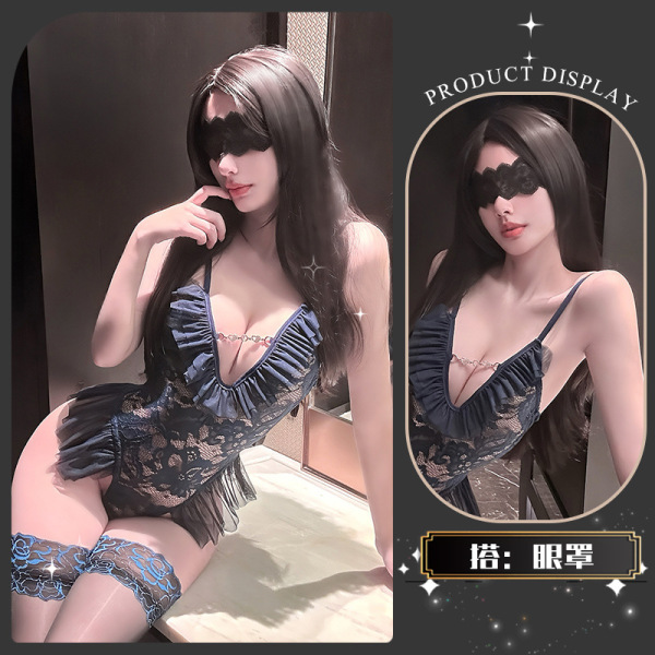 Chaomu Lace Temptation Lingerie Set - Pure & Sensual High-End Bodysuit, Minimalist Seductive Design for Women - A soft, lazy blue color + eye mask