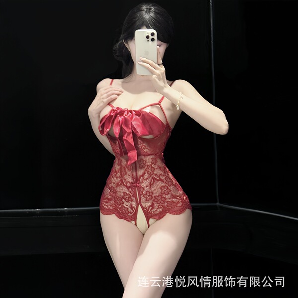 Woman in red lace lingerie set with bow detail, push-up design, and open crotch for small busts.