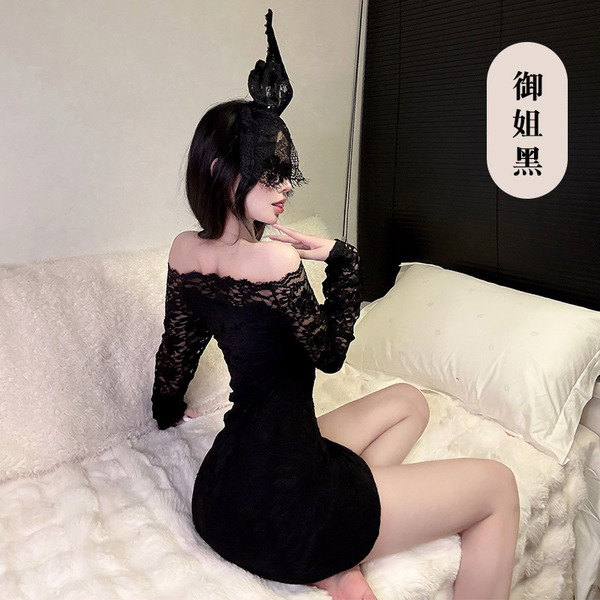TikTok Trendy Lace One-Shoulder Dress - Sexy Bodycon Mini Skirt for Women, Pure Allure Style - mature black