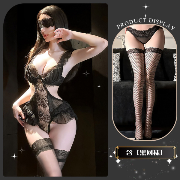 QingShe Lace Lingerie Set - Seductive Sheer Bust-Out Pure & Tempting Intimate Apparel for Women - Yu Yu's addiction to black fishnet stockings