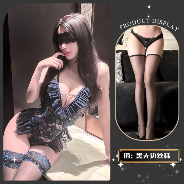 QingShe Lace Temptation Lingerie Set – Elegant Pure-Yu Sensual Bodysuit for Women - A soft, lazy blue color paired with black lace stockings.