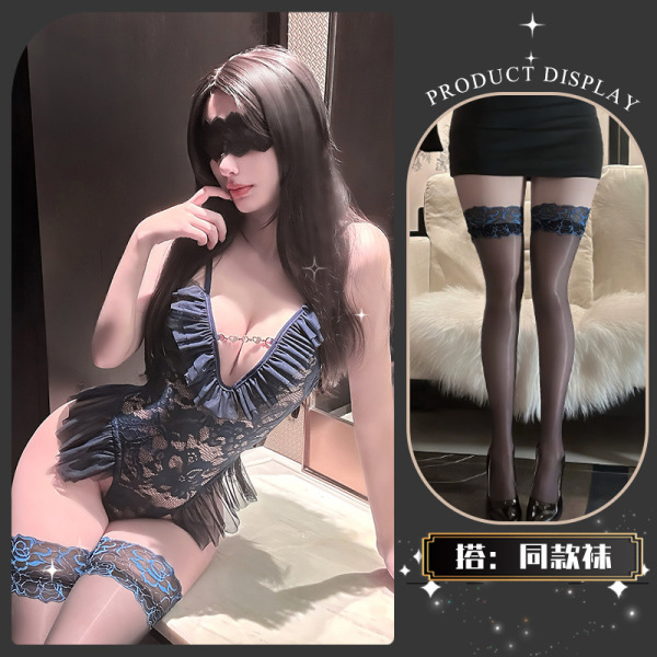 QingShe Lace Temptation Lingerie Set – Elegant Pure-Yu Sensual Bodysuit for Women - A soft, lazy blue color~ + matching socks + eye mask + bell