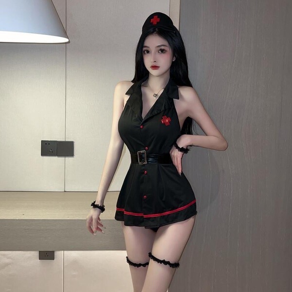 OL Teacher JK Cat Costume Set - Busty Sexy Maid & Cheongsam Lingerie Outfit for Nightclub & Role Play - Z2224 Black [Socks not included]