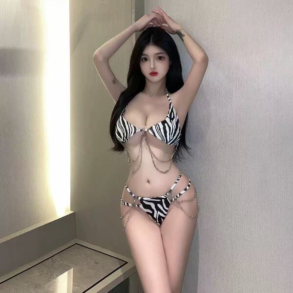 Qingran Sexy Leopard Print Lingerie Set - Deep V Neck Halter Bra & Matching Thong, No-Remove Seductive Outfit - Zebra print + black fishnet stockings