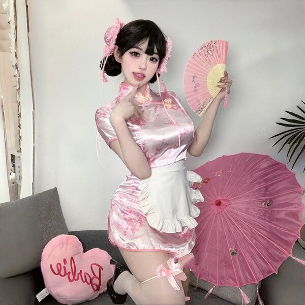 Chinese-Style Qipao Lingerie Set - Seductive Open-Crotch Costume for Role Play & Intimate Moments - Chinese Girl Pink + Thong + Apron