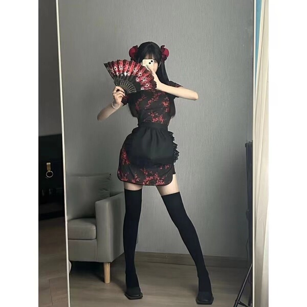 Chinese-Style Qipao Lingerie Set - Seductive Open-Crotch Costume for Role Play & Intimate Moments - Chinese Girl in black + thong + apron