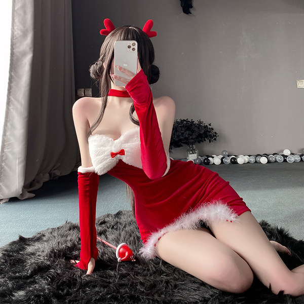 Sexy christmas bunny girl costume set featuring flirty red skirt and bodysuit with antlers, perfect for new year cosplay.