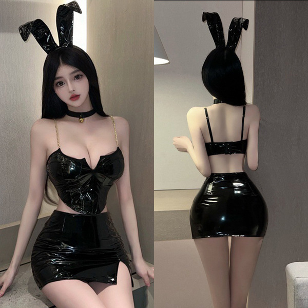 Gueiyun sexy lingerie set – pure & tempting pu leather sleepwear outfit, seductive costume for adults featuring a glossy blac...
