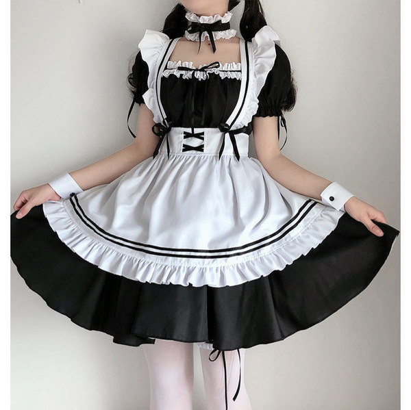 Japanese anime maid costume - cute sweet sexy cosplay dress for girls, lolita performance outfit with ruffled sleeves and apr...