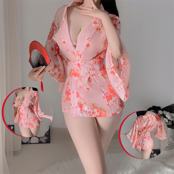 Japanese-style erotic kimono lingerie set – sheer chiffon waist-cinching nightwear & robe for passionate nights