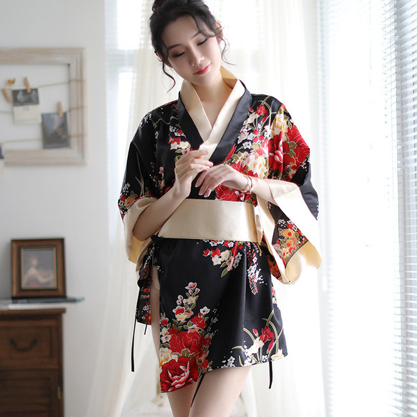 A woman models a japanese kimono-style lingerie set featuring floral patterns, perfect for cosplay with its sexy and playful ...