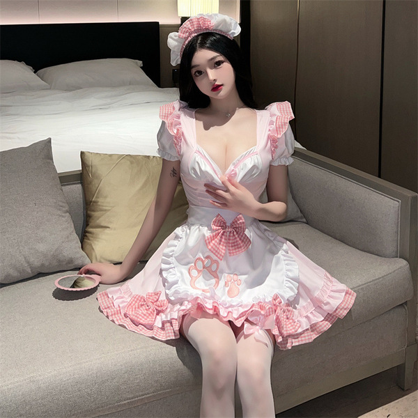 Japanese maid costume dress featuring sweet cat girl design, kawaii lolita style anime cosplay outfit for women with ruffled ...