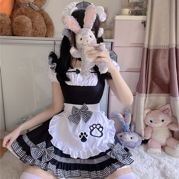 Japanese maid dress cosplay outfit featuring sweet cat theme with bunny ears and paw prints, perfect for anime fans.