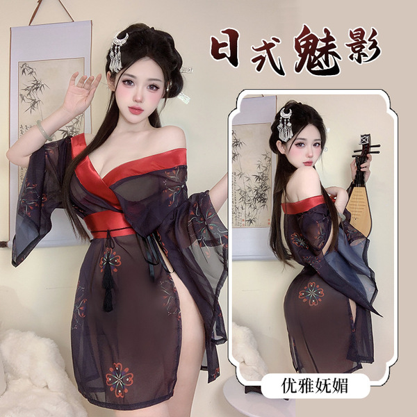 Japanese-style sexy lingerie kimono set - pure & tempting no-remove sleepwear in black with floral print