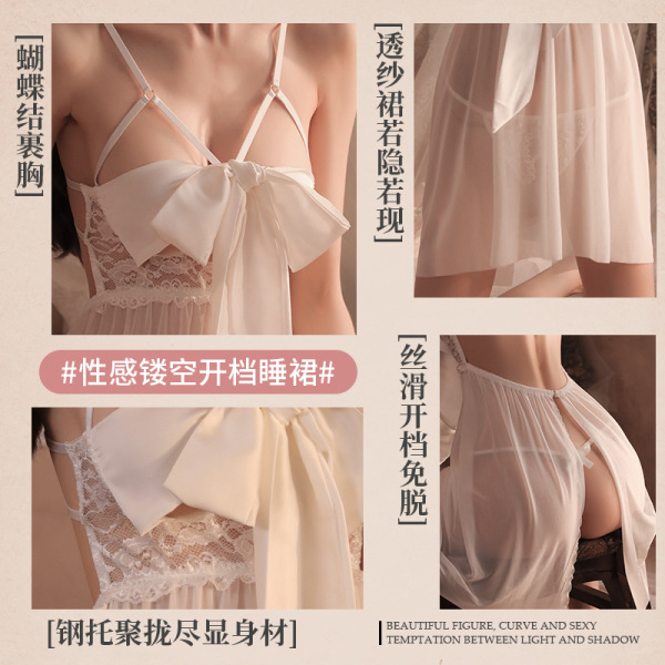 Lace sensual sleepwear set with bow detail, sheer overlay, and underwire push-up design for a flattering fit.