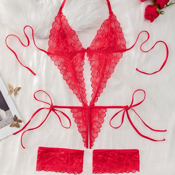 Lace sheer bodysuit for women - sexy european-american style erotic lingerie, full-body transparent design with delicate red ...