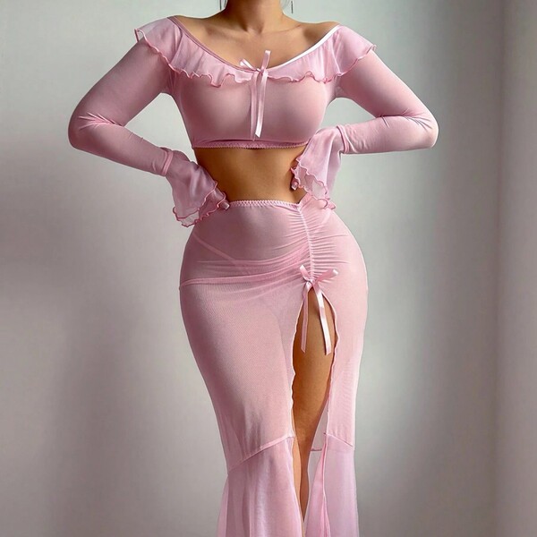 European fashion sheer mesh lotus off-shoulder long sleeve split bodycon lingerie set featuring elegant ruffles and delicate ...